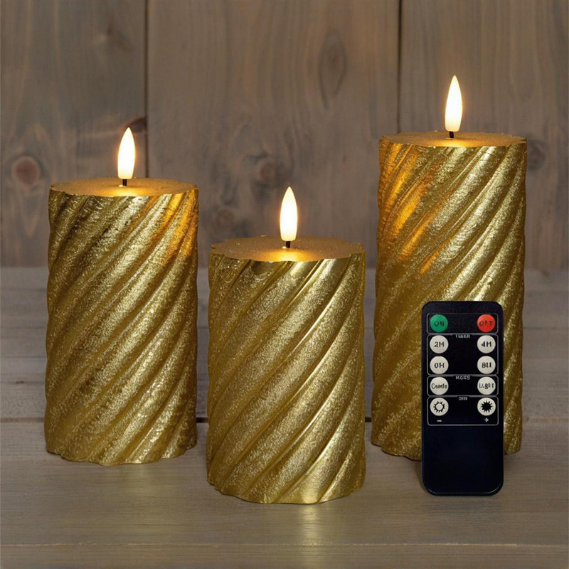 Lot de 3 bougies piliers LED spirales dorées