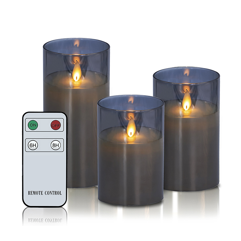 Paquet de 3 bougies en verre gris sans flamme avec télécommande
