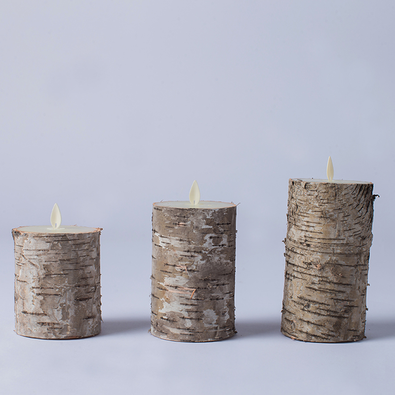 Ensemble de 3 bougies piliers à piles en écorce de bouleau
